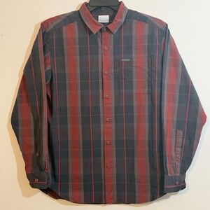 Columbia Mens M Plaid Button Up Shirt Gray Navy Red Cotton Outdoor